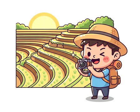 Cute Tourist Taking Photos of Rice Terraces.