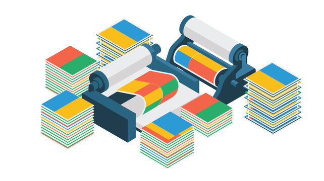 Multiple stacks of colorful printed booklets surround a central printing press machine processing paper rolls on a floor area.