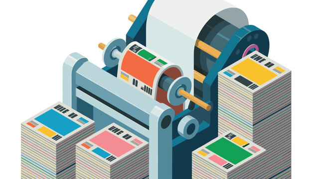A large printing press machine creates neat stacks of colorful printed materials within a bright, professional industrial space.