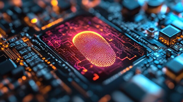 Close-up of a glowing processor on a high-density circuit board showcasing intricate microelectronic pathways