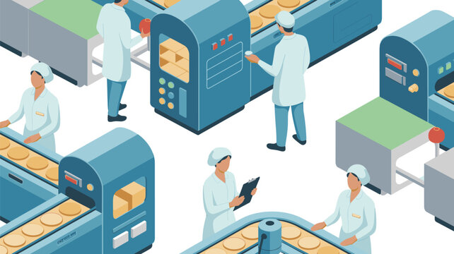 Factory workers in white uniforms operate a busy production line, meticulously processing round baked cookies in an isometric industrial facility.