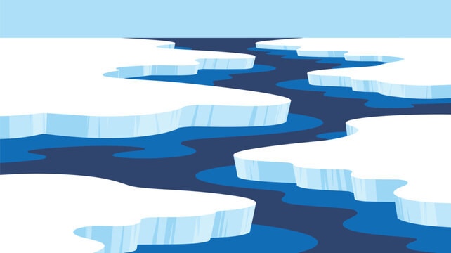 Jagged white icebergs float in deep blue arctic waters, creating a serene and chilly landscape under a clear, bright, light-blue sky horizon.