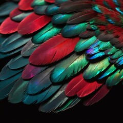 Obraz premium Hummingbird gorget iridescent ruby red feather close-up macro on dark surface, exotic bird tropical plumage concept