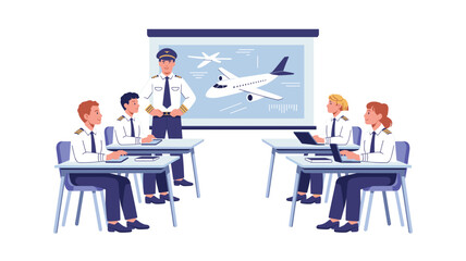 Fototapeta premium A professional pilot instructor stands before a class of four students while presenting a detailed diagram of an airplane on a large screen!