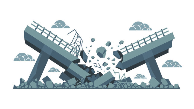 A collapsed bridge structure lies in ruins with scattered debris and rubble beneath a cloudy, grey sky in a dramatic, sad, desolate setting.