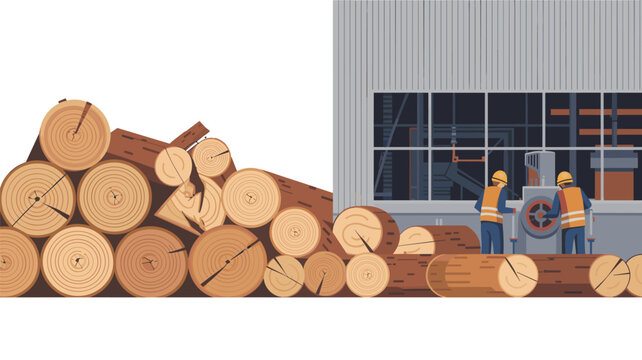 Two industrial workers in high-visibility vests operate heavy machinery inside a big factory beside a large pile of raw timber logs outdoors.