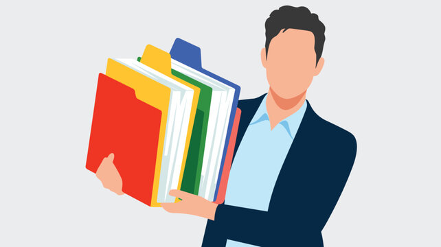 A professional man in a tailored dark suit holds a stack of vibrant multi-colored file folders within a clean minimalist office space.