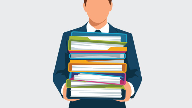 A focused businessman stands front-facing while clutching a thick stack of diverse multi-colored ring binders in a bright office area.