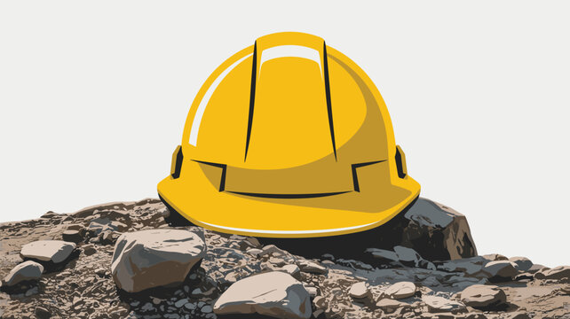 A single yellow hard hat rests prominently on a pile of rough, textured rocks against a plain white background surface area.