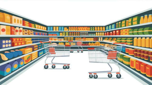 Two shopping carts stand in the center of a well-stocked supermarket aisle featuring shelves filled with various colorful products.