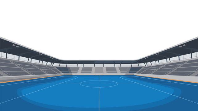 An empty indoor sports arena features a vibrant blue playing surface surrounded by tiered grey seating under a bright and clean white background.