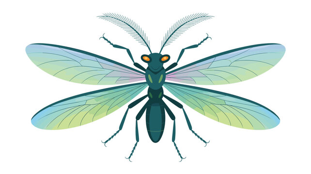 A stylized insect illustration features translucent veined wings, prominent orange eyes, and long feathery antennae on a vibrant teal body.