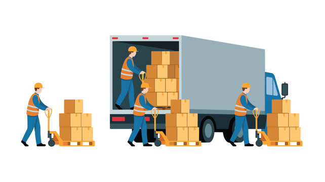 Warehouse workers in high-visibility vests load cardboard boxes onto a truck using manual pallet jacks in a busy industrial facility.