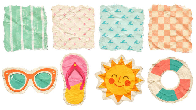 Bright summer torn paper collage with sunglasses, flip flop, smiling sun, swim ring, wave patterns and handmade texture on transparent background