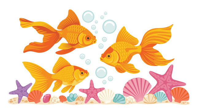Three vibrant goldfish swim among bubbles above a sandy seabed decorated with various colorful seashells and distinct pink starfish shapes indeed.
