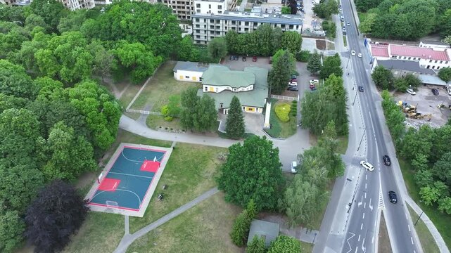 Aerial LDS Church city park Warsaw Poland 2. Chapel the Church of Jesus Christ of Latter-day Saints. City center park. Religious headquarters. Royal Capital City of Warsaw in northern Poland.