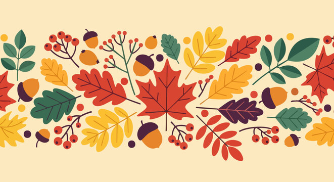 Autumn Leaves and Acorns Seamless Pattern Border.