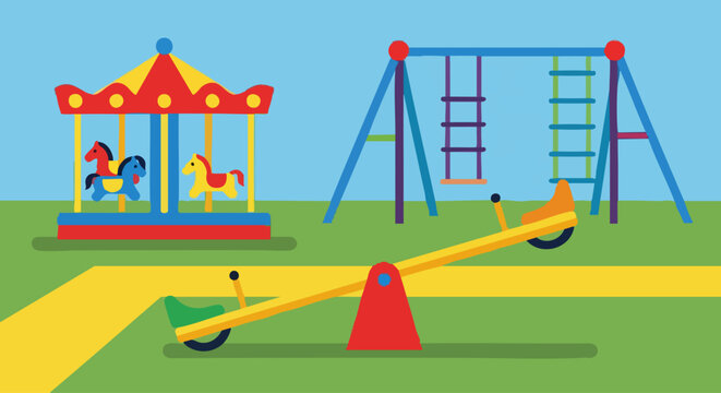 Colorful playground equipment with carousel and seesaw.