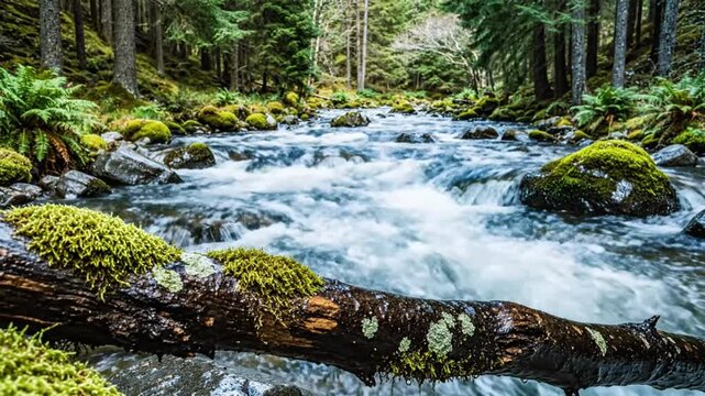 Tranquil forest scene with fast flowing stream and moss covered log nature background