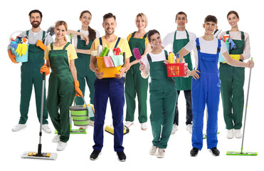 Obraz premium Group of cleaning service workers on white background
