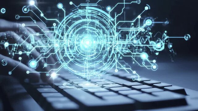 4K Close Up Hands Typing Keyboard Futuristic Data Animation Business Presentation Stock Video