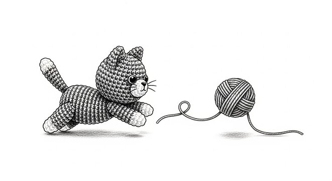 Playful crochet cat toy unraveling yarn ball illustration.