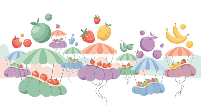 Colorful fruits floating on parachutes illustration concept