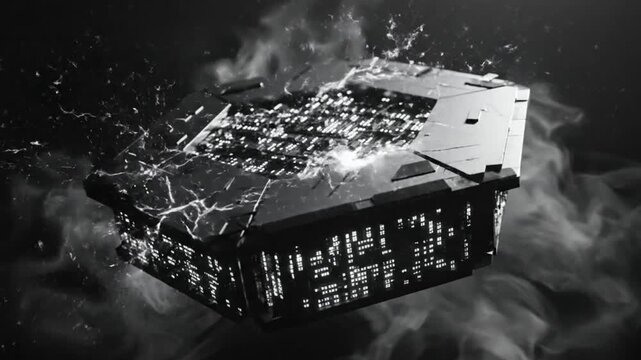 Futuristic polygonal data processing module with glowing matrix reveals technological innovation abstract concept