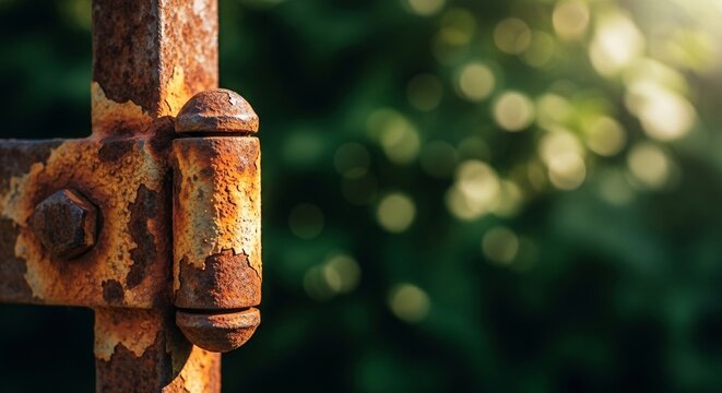 Close-up of a weathered rusty metal gate hinge with gardening