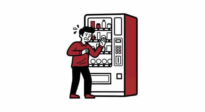 Frustrated man struggling with a vending machine issue.