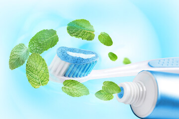 Gel toothpaste on toothbrush and flying mint leaves on blue gradient background © New Africa