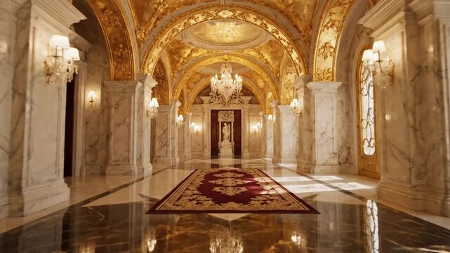 Ornate golden palace hallway with marble floors and chandeliers.