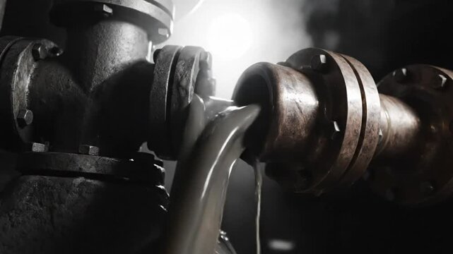Industrial heavy crude oil flowing from pipe joint with steam rising against a bright light source