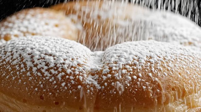 Closeup of powdered sugar being dusted onto a goldenbrown baked good.