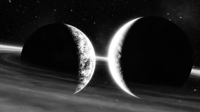 Epic Black and White Space Collision: Two Planets Drawn into a Powerful Gravitational Event in the Cosmos