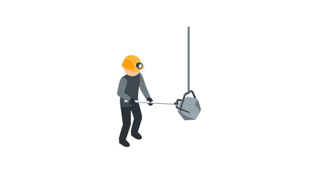 Construction worker lifting heavy equipment with pulley system.