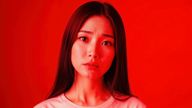Anxiety in Red: A young woman with long, dark hair stares intently with a worried expression, her face cast in an intense red hue, suggesting unease or distress.