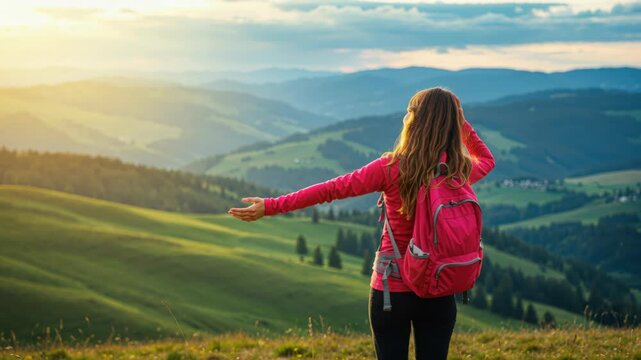 A Moment of Wonder: A solo female hiker stands atop a rolling green hill, her arm outstretched as she gazes at the breathtaking vista of layered mountains under a dramatic sky.