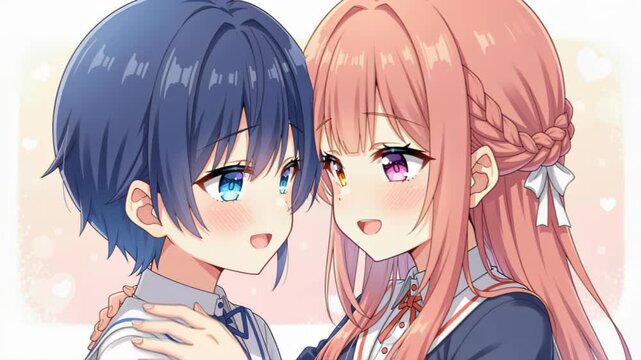 Sweet Embrace: A tender moment captured between two young individuals, their gentle expressions hinting at affection and connection, with soft, warm hues creating an atmosphere of intimacy.