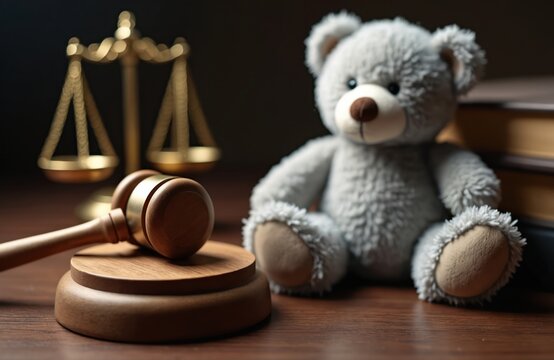 Gavel teddy bear scales of justice books on table. Divorce child custody legal battle concept. Family law dispute, alimony payment, court decision.