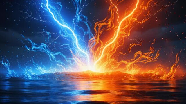 Elemental Clash: A dramatic representation of opposing forces colliding, with vibrant blue lightning battling fierce orange fire, reflecting on a dark, wet surface.