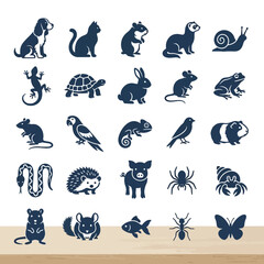 Fototapeta premium Extensive animal icon collection featuring a versatile possum vector. Diverse silhouettes of pets, wild animals, insects, and reptiles for modern design projects