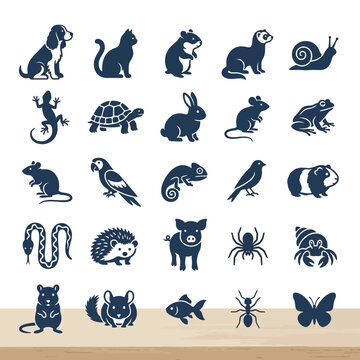 Extensive animal icon collection featuring a versatile possum vector. Diverse silhouettes of pets, wild animals, insects, and reptiles for modern design projects
