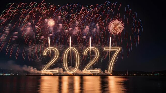New Year's Eve Fireworks 2027: A dazzling display of fireworks illuminates the night sky above a calm body of water, with the numbers 2027 illuminated in golden light.