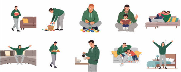 Fototapeta premium Flat Illustration Set of a Young Father's Daily Routine and Parenting Activities at Home