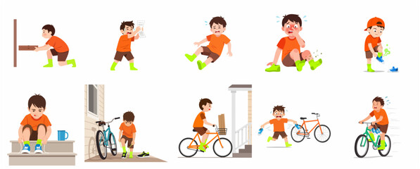 Fototapeta premium Collection of little boy character illustrations showing daily life activities, emotions, and minor mishaps