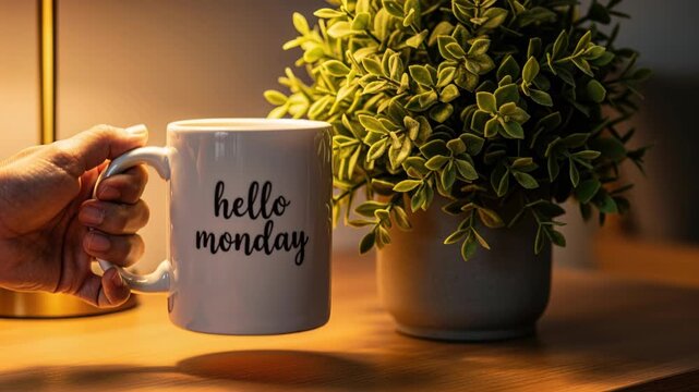 Morning Greeting: A hand holds a coffee mug with hello monday written on it, set against a warm lamp glow and a potted plant, symbolizing the start of the work week.