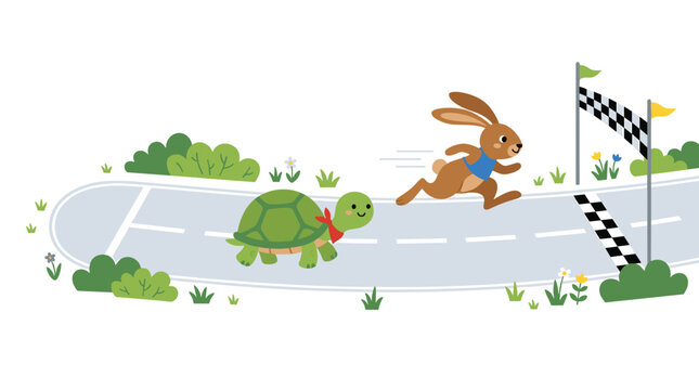 A cute green turtle wearing a red ribbon crosses the checkered finish line on a smooth road while a brown rabbit in a blue vest runs behind it.