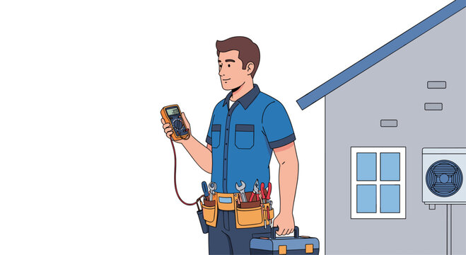 A professional repair technician stands confidently holding a yellow digital multimeter and a metal toolbox while positioned in front of a house with an exterior AC unit.