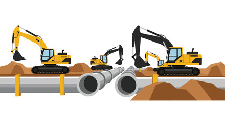 Obraz premium Construction site with excavators digging trenches and large pipes being laid, showing infrastructure development.